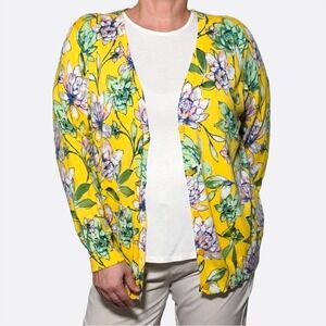 Vibrant Golden Yellow Floral Knit Cardigan Feminine Garden Party Sweater Plus 2X